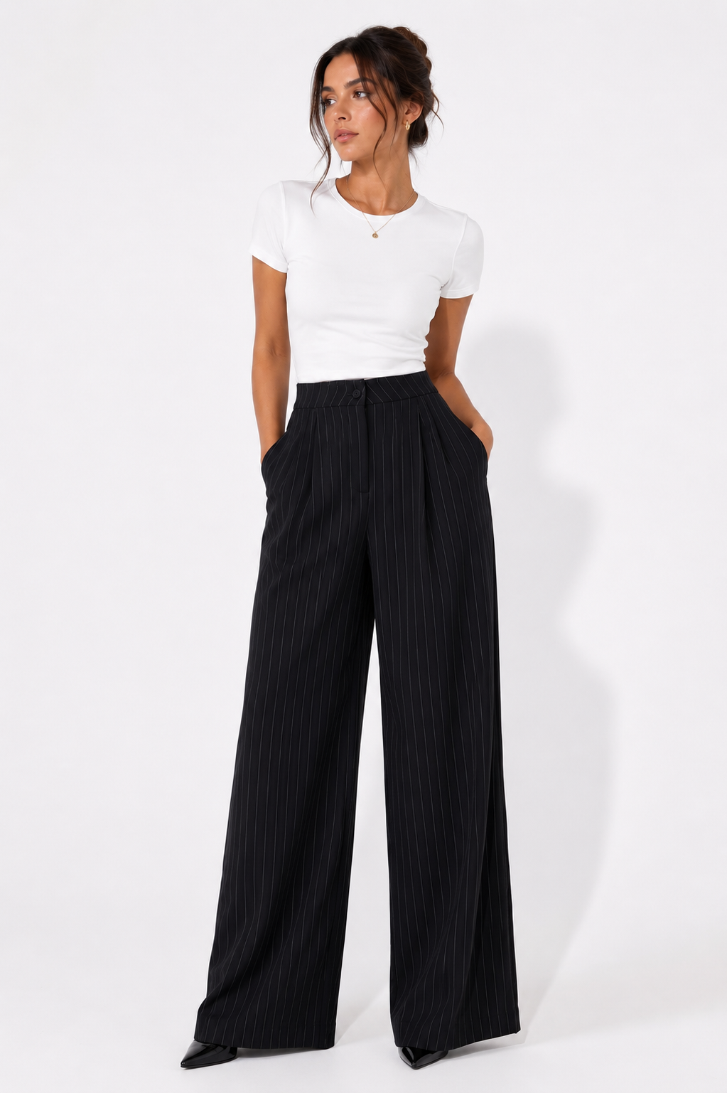 High-Waisted Pinstripe Wide Leg Pants